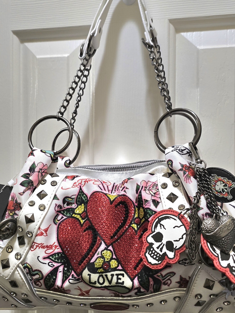 Ed Hardy White Red & Pink Studded Heart-Graphic Shoulder Bag